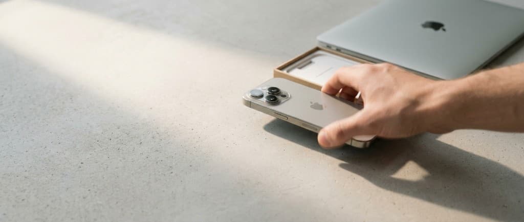Refurbished iPhone und MacBook auf einem hellen Steintresen