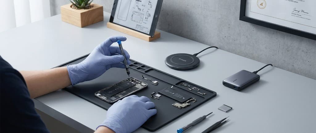 Refurbisher repariert ein Smartphone in einer professionellen Werkstatt
