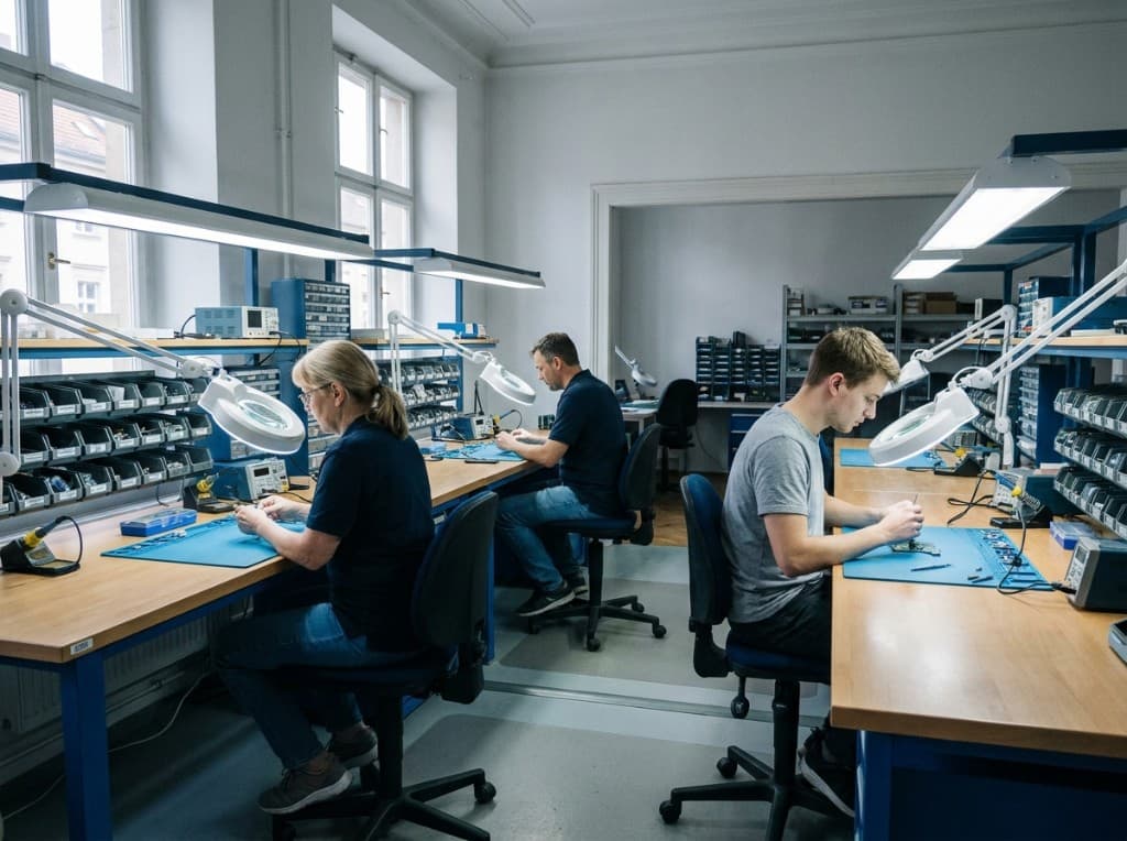 Drei Techniker arbeiten an Werkbänken in einer Refurbishment-Werkstatt