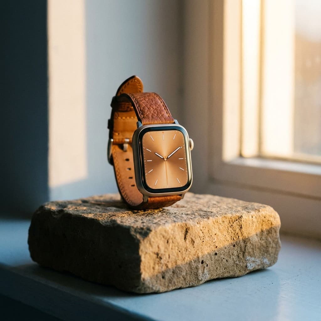 Refurbished Smartwatch mit Lederarmband auf Stein